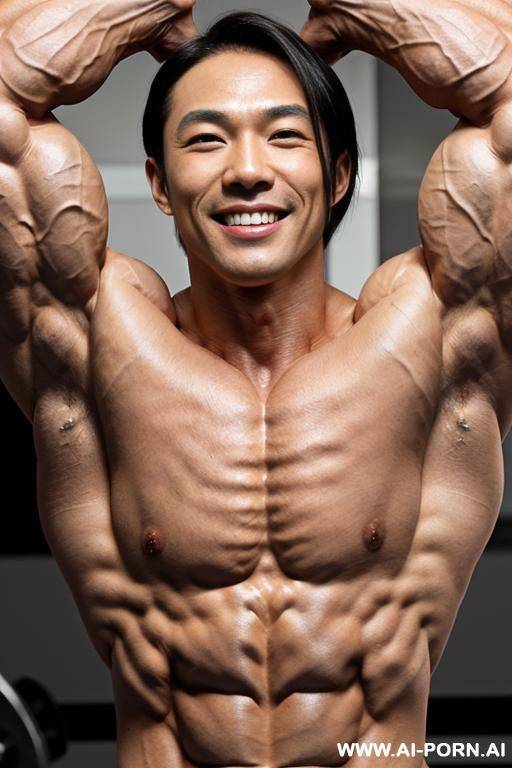 (muscle lab background), (closeup view exaggarating muscle size and definition), (naked), (nude), (((1 woman))), (white pallid skin). hard & pallid, (((very beautiful korean womans face with high - #main