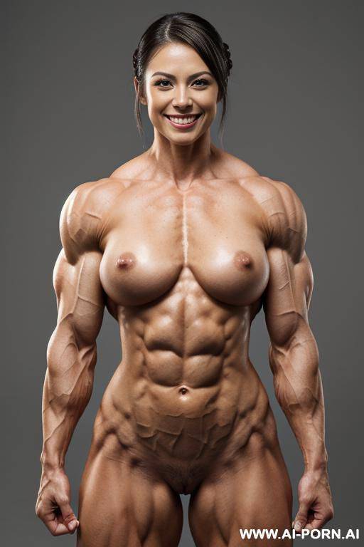 (muscle lab background), closeup view exaggarating muscle size and definition, (naked), (nude), ((1 woman only)), (white pallid skin). hard & pallid, ((extremely beautiful womans face with high - #main