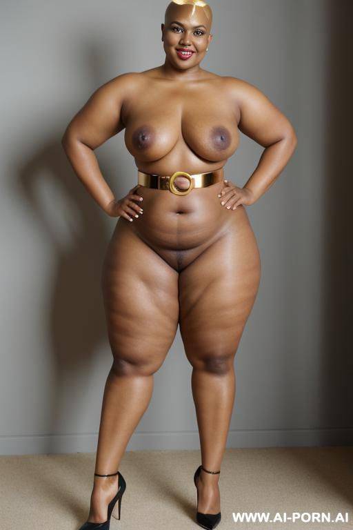 very fat naked ssbbw, at catwalk, bald head, golden crown, elry, golden high heels, golden waist belt, standing with spead legs - #main