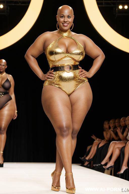 very fat naked bbw, at fashion show, bald head, golden crown, elry, golden high heels, golden waist belt, standing with spead legs - #main