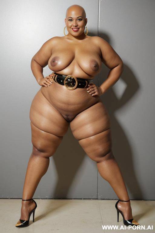 very fat naked ssbbw, at catwalk, bald head , elry, golden high heels, golden waist belt, standing with spead legs - #main