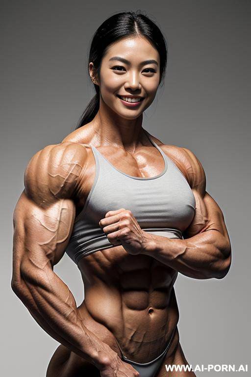 (gray background), (closeup view exaggarating muscle size and definition), (naked), (nude), (((1 woman))), (white pallid skin). hard & pallid, (((very beautiful korean womans face with high - #main