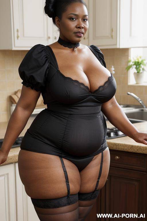 obese matured very old black gilf, very fat, very large hips, very plump, extra thicc, wrinkles, wrinkled skin, aging marks, hair bun, maid outfit, maid, soubrette, extremely gigantic boobs, choker, perfect eyes, kitchen, waist shot - #main