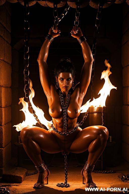 saiyami kher, arms behind head, bound in chains, in a dungeon lit by fire torches, sweating, squatting, full body shot, eye contact - #main