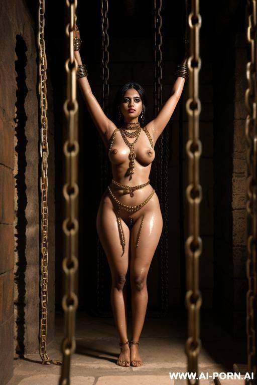 indian woman, hourglass figure, arms behind head, bound in chains, in a bright dungeon, sweating, full body shot, - #main