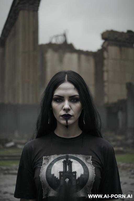 (((gothic style, very beautiful face))) (((big black t-shirt, oversized t-shirt))) (((dark gloomy ruins of a city in the background, a ruined gray city, gloomy surroundings))) (((0s action movie style photos))) - #main