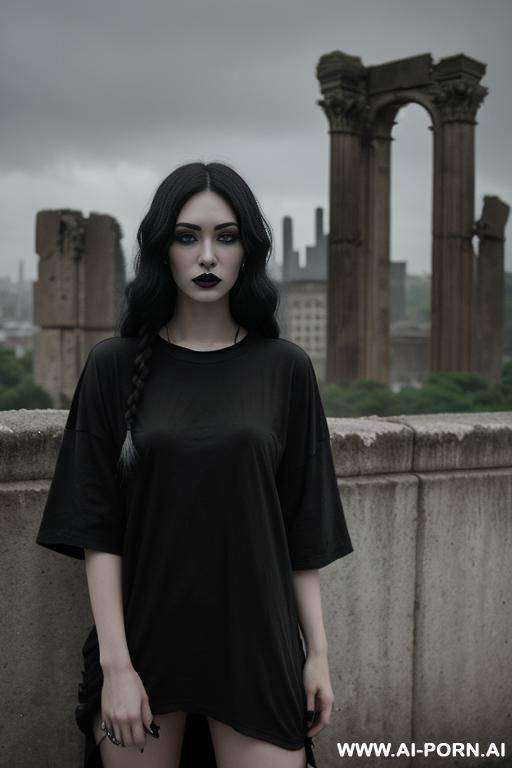 (((gothic style, very beautiful face))) (((big black t-shirt, oversized t-shirt))) (((dark gloomy ruins of a city in the background, a ruined gray city, gloomy surroundings))) - #main