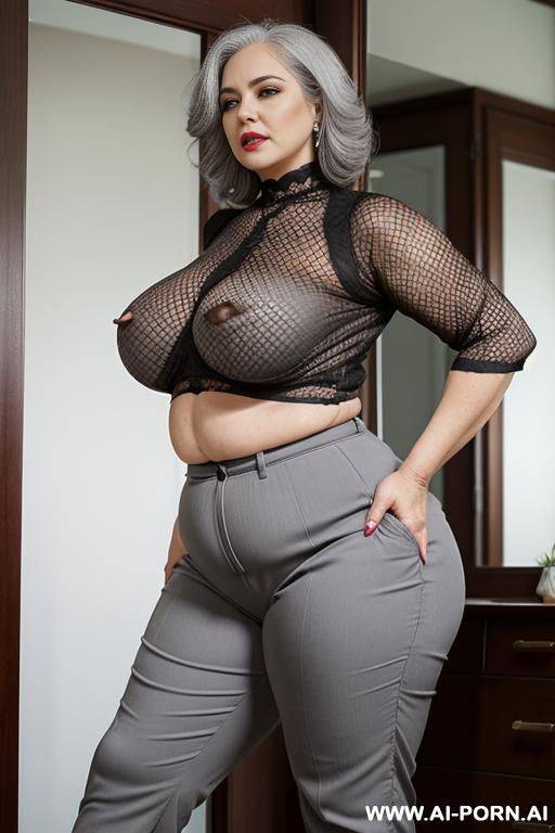 grandmother, 0 years old, grey hair, old wrinkled face, wearing tight-fitting flared trousers and fishnet blouse, big tits, deep neckline, wide hips, huge arse, , plump, sentation, chubby, bbw, body, big, , mirror, - #main