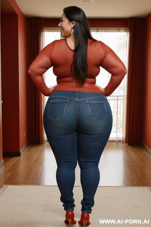 very tan, lmexican, supermodel, bbw pear shaped, high rise jeans, very wide hips, tight red tshirt - #main