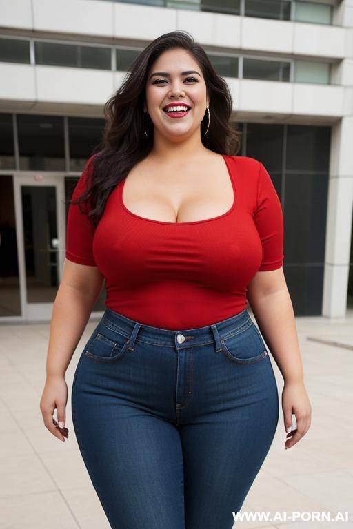 very mexican, supermodel, bbw pear shaped, high rise jeans, wide hips, tight red tshirt - #main