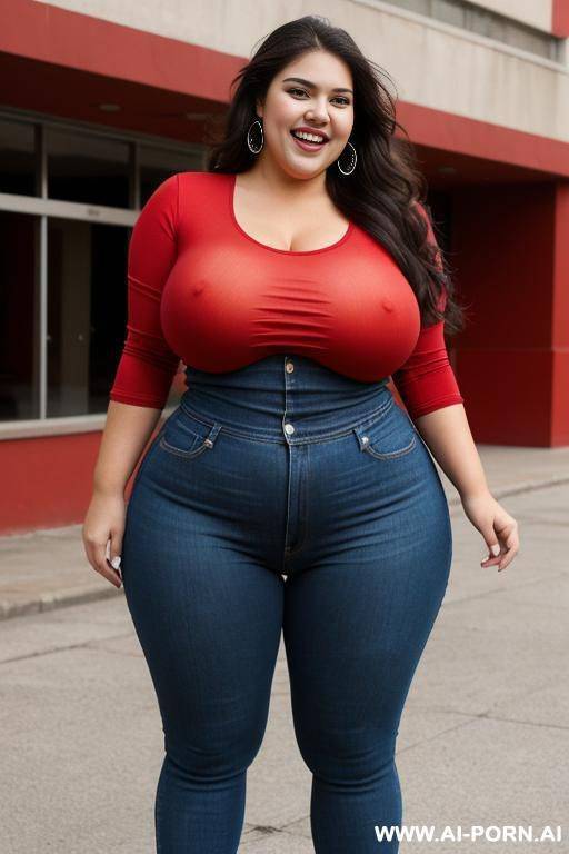 very mexican, supermodel, bbw pear shaped, high rise jeans, very wide hips, tight red tshirt - #main