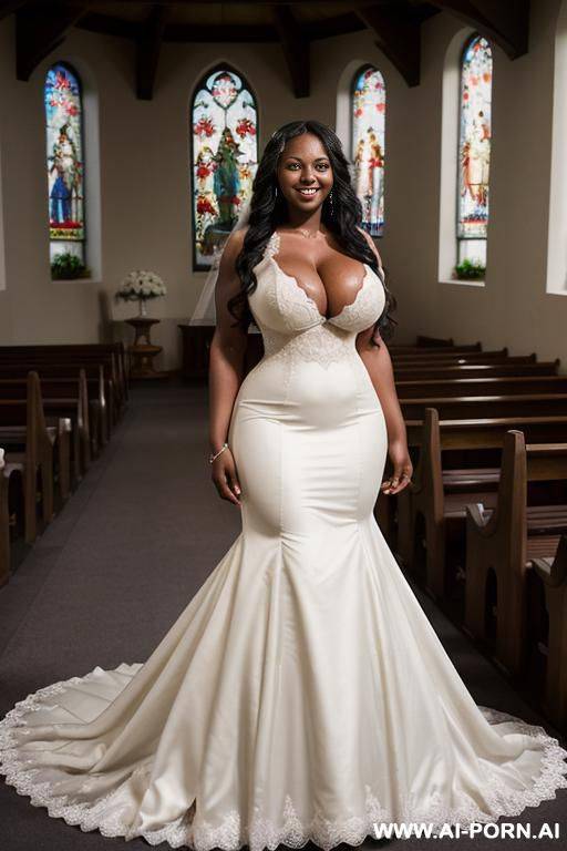 full body photo, ((((massive breasts)))), ((thick arm muscles)), dark skinned, 20 year old, wearing a bridal gown, smiling, hourglass body, ((very long wavy hair)), standing in a wedding chapel - #main