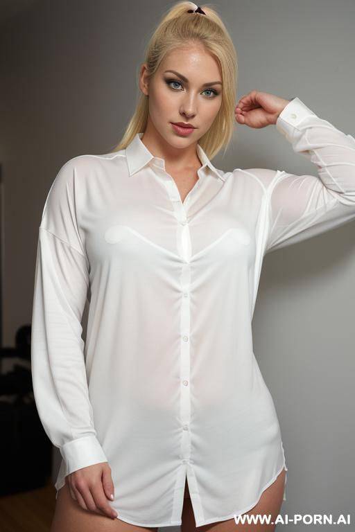 (hypnotic starring at the viewer, eye contact), (thick plump body), (((limewhite skin))), ((wide hips)), ((enormous narrow waist)), (((full lips))), (((extremely long oversized shirt, huge shirt, long sleeved))), (((biceps, muscles))) - #main