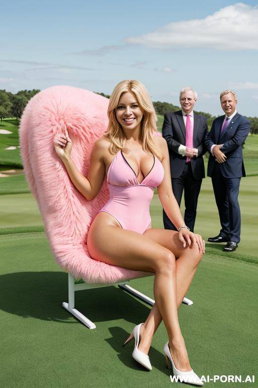 blonde womanager with tails wearing pink fluffy swimsuit smiling on golf course sitting on a businessmen lap surrounded by businessmen - #main