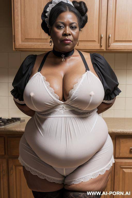 obese matured very old black gilf, very fat, very large hips, very plump, extra thicc, wrinkles, wrinkled skin, aging marks, hair bun, french maid outfit, french maid, maid, soubrette, extremely gigantic boobs, choker, perfect eyes, kitchen, waist shot - #main