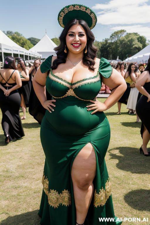 rotund mexican, dark hair, extremely wide hips, traditional dress, , hourglass figure, festival, eyeliner, heavy makeup, plumper, holding a green vile - #main