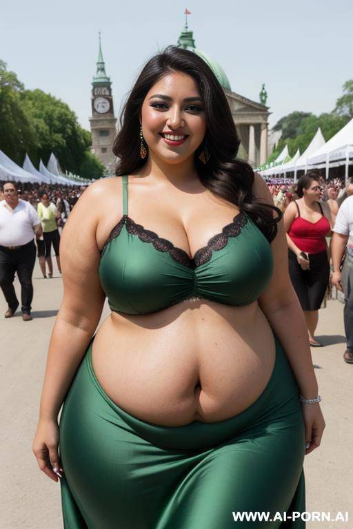 rotund mexican, dark hair, extremely wide hips, sundress, , hourglass figure, festival, eyeliner, heavy makeup, plumper, holding a green vile - #main