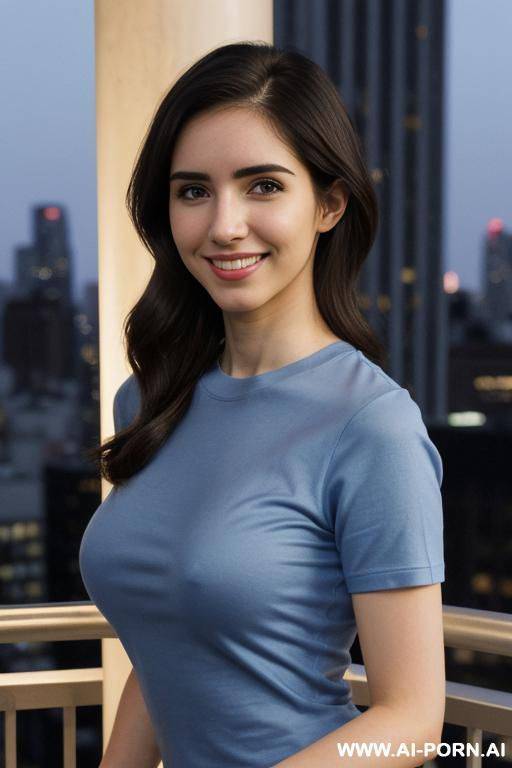 ((crew neck shirt)), short sleeve crew neck blue shirt , balcony at a luxury hotel in manhattan, night time, lean, (photorealistic), (ultra detailed photo), (hyper realistic photo), (busty), ( higareda ) - #main