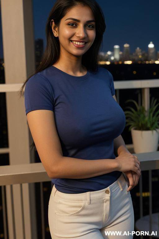 (crew neck shirt)), short sleeve crew neck blue shirt, balcony at a luxury hotel in manhattan, night time, lean, (photorealistic), (ultra detailed photo), (hyper realistic photo), (busty), ( mukerji ) - #main
