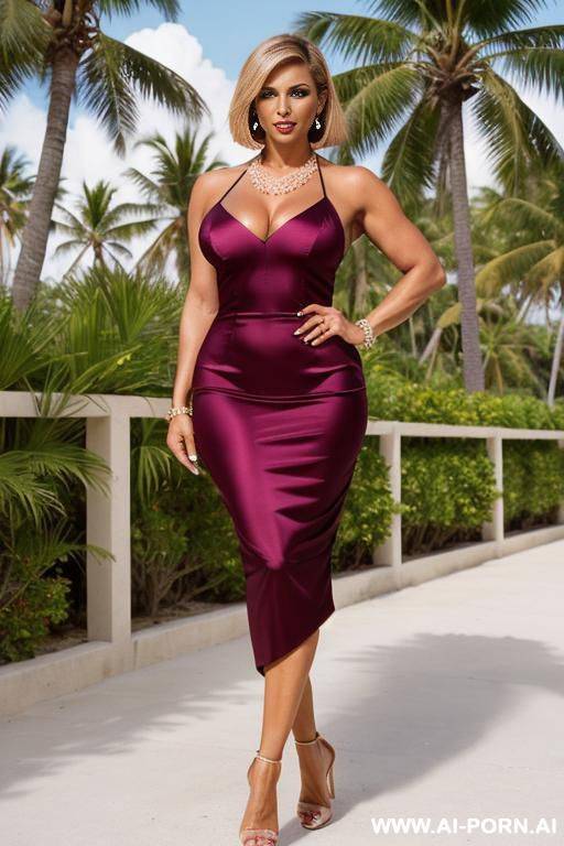beautiful milf, tanned skin, luxury milf cougar, earrings and necklace on, high heels on, realistisch photography image photo from a very luxury attrative sexy milf woman, glamour dark pink evening - #main