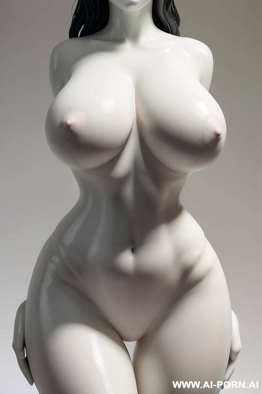porcelain white skin turned into statue, low part of body zoom (from supersaggy heavy droopy hanging boobs down to knees), very fit hourglass figure standing naked, extremely wide hips fit waist - #main