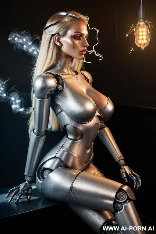 sexbot, side view, full body view, sitting on the floor inside night club restroom, leaning back against the wall, left leg straight, right leg bent, angry face, beautiful, long straight blonde - #main