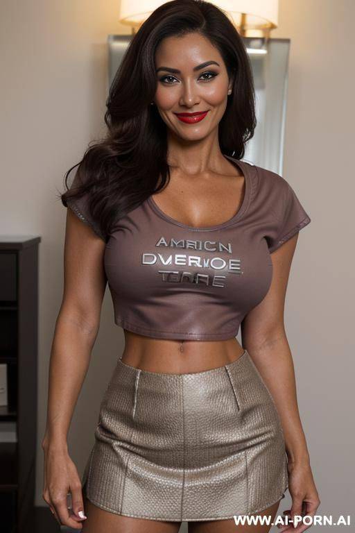 (((((big boobs))))), ((((ultra deep tanned skin)))), (fit), ((((((cropped tee)))))), (extremely beautiful make-up), red lip gloss, seductive, extremely slutty, very wicked, ((((ultra realistic)))), (((extremely - #main
