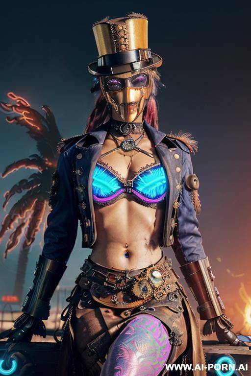 ((((masterpiece)))), (((woman sitting))), (glowing red eyes), (long blue purple and white hair with a flower), ((crop top white collar shirt with red tie)), ((((flaming angel wing)))), ((navy formal - #main