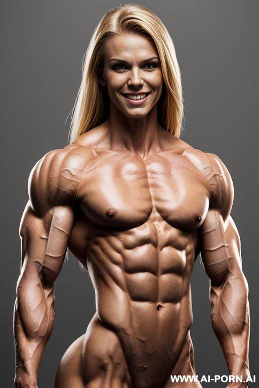 (gray background), view increasing muscle size and definition, (naked), (nude), (shortest most muscular woman only), (white pallid skin). hard & pallid, ((extremely beautiful woman face with high - #main