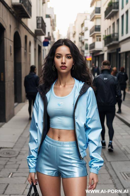 compression shirt, shorts, jacket, light blue outfit, latina, medium wavy hair - #main