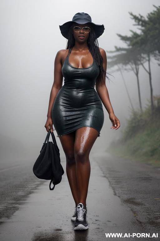 wearing a bucket-hat, bell bottom jeans, skin-tight summer soft wool curvy torn dress and sneakers.very wet and oil soaked clothes, oil soaked summer curvy bohe dress. hole by long curvy bohe - #main