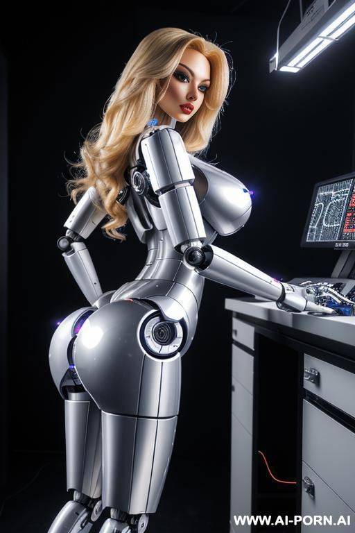 sexbot, front view, full body view, standing upright, hands on spaceship control desk, looking at viewer, beautiful seductive human face with tanned silicone skin, long straight blonde hair, big - #main