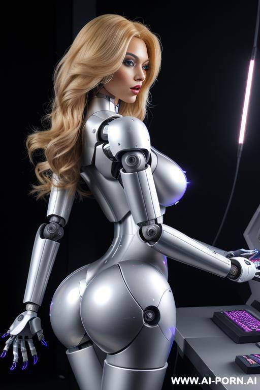 sexbot, side view, full body view, standing, sticking out the ass, hands on spaceship control desk, looking at viewer, beautiful seductive human face with tanned silicone skin, long straight blonde - #main