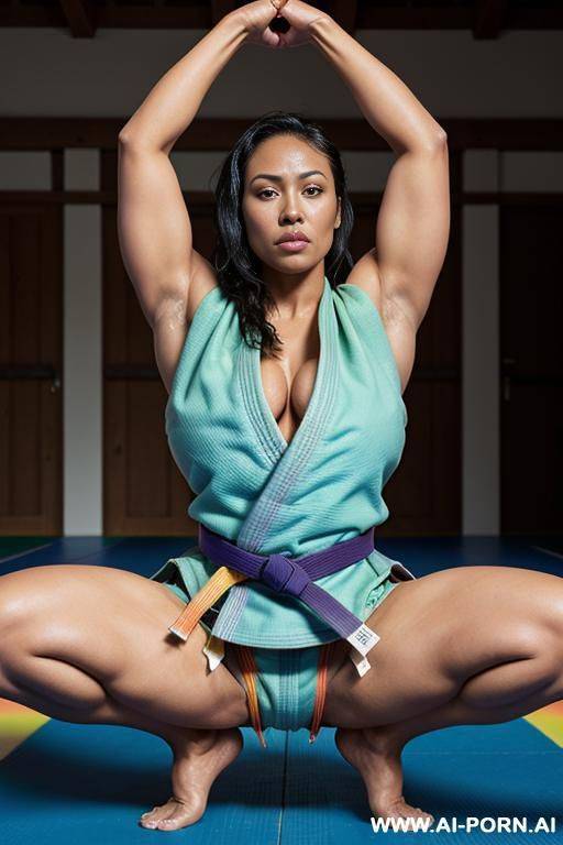 she has her arms rare fully exded above her head she has her hands tied bdsm style, she has her legs wide open and has cum leaking from her vagina daylight, outside she is sit in the - #main