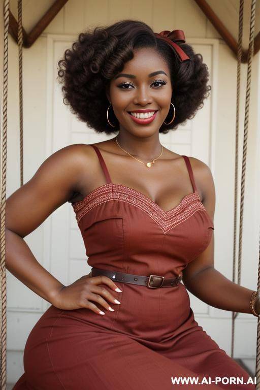 beautiful african woman, early 20s, smiling, cocoa skin, wide hips, soft thighs, large heavy breasts, heart-shaped face, natural beauty, almond brown eyes with soft lashes, delicate nose, hair in - #main