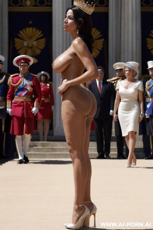 people around, crowdy place, ((high heels)), ((totally naked sexual queen on high heels)), (((royal crown on her head)) , ((very saggy long boobs)), ((large breasts)), shapely legs, full body shot, - #main