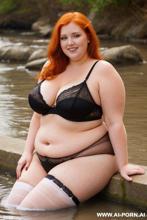 half-length photo, dinamyc angle, as a setting in the river, a fat chubby obese fat thick and bbw redhead british, she is washing clothes. she has lovehandless and a soft medium tummy. she - #main