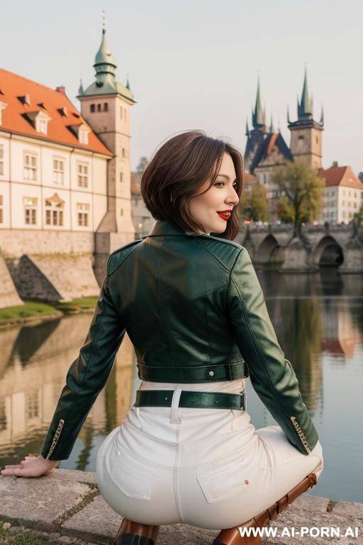 beautiful woman, czech, blonde, long hair, blue leather jacket, white pants, black boots, brown belt, sunshine, standing in an old czech town, castle and river in background, eating an ice cream, red lips - #main
