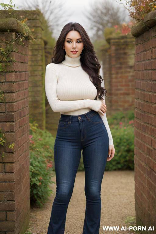 pretty, apache, 30, flowing wavy hair, dark brown hair, saggy boobs, slight smile, makeup, eye shw, standing, spreading legs, jeans, turtleneck, walled garden background. - #main