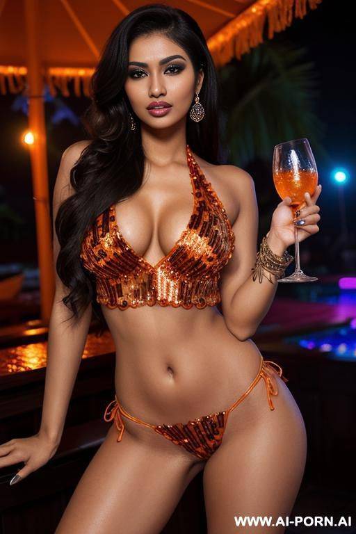(indian), ((seductive)), ((sexy horny face)), ((arabic skin)), ((long bouffant voluminous brunette fluffy wavy slicked-back long hair)), ((orange sequin halter crop top)), ((detailed erect nipples), ((orange - #main