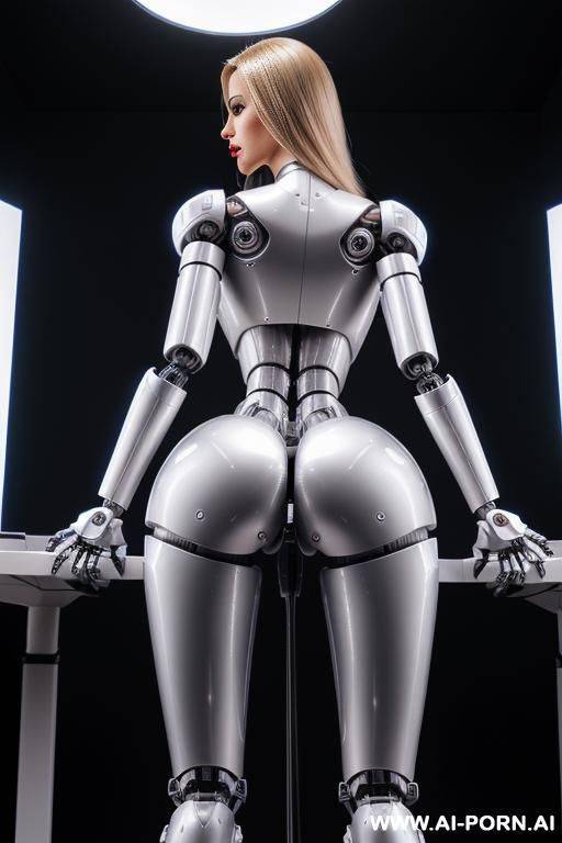 sexbot, back view, view from below, close-up, standing, sticking out the ass, hands on spaceship control desk, looking at viewer, beautiful seductive human face with tanned silicone skin, long - #main