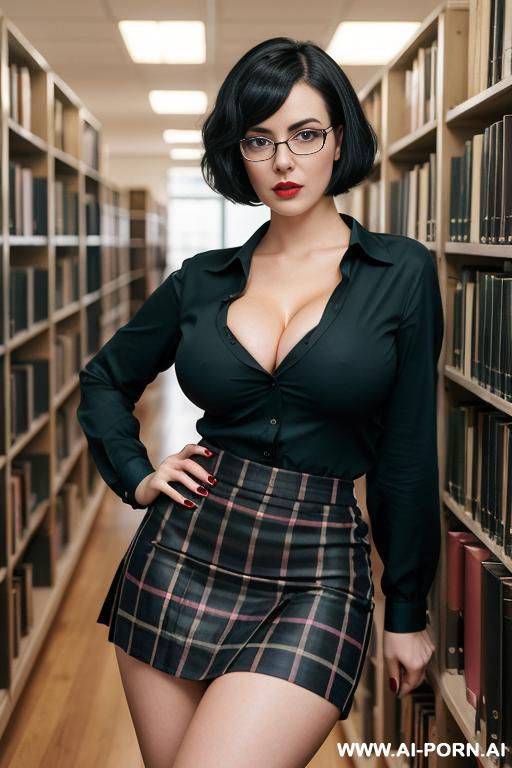 cutie babe face, dark hair, 10s style. vintage green and navy plaid blouse. short skirt. thick, shorty, nerdy, nerd, glasses, short bob hairstyle. dark black bob, thick black glasses, rosebud - #main