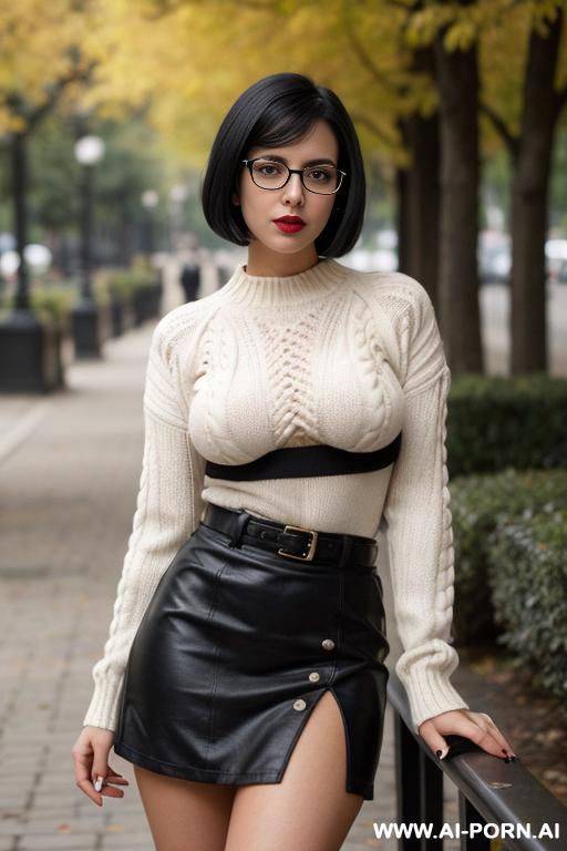 cutie babe face, busty, big natural boobs, dark hair, 10s style, vintage style, sweater, short skirt, thick, shorty, nerdy, nerd, glasses, short bob hairstyle. dark black bob, thick black glasses, rosebud painted lips - #main
