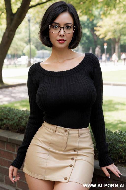 cutie babe face, busty, big natural boobs, dark hair, s style, vintage style, sweater, short skirt, thick, shorty, nerdy, nerd, glasses, short bob hairstyle. - #main