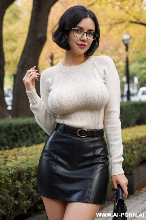 cutie babe face, busty, big natural boobs, dark hair, 10s style, vintage style, sweater, short skirt, thick, shorty, nerdy, nerd, glasses, short bob hairstyle. - #main