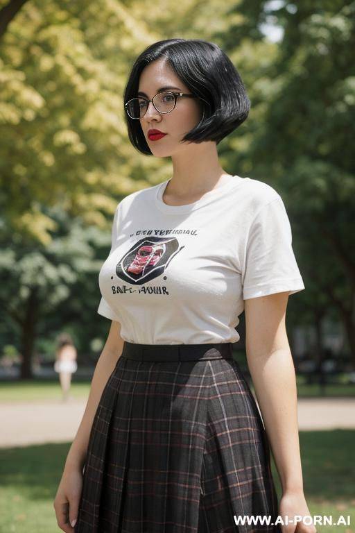 babe face. 10s style. vintage graphic t-shirt. long plaid skirt. nerdy. nerd. thick rimmed glasses. short bob hairstyle. dark hair. shorty. rosebud painted thick lips. hairpin. caucasian. average beauty. mid-beauty. round-faced. thick . - #main