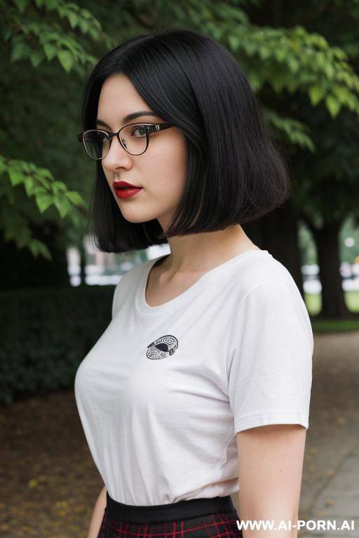 babe face. s style. vintage graphic t-shirt. long plaid skirt. nerdy. nerd. thick rimmed glasses. short bob hairstyle. dark hair. shorty. rosebud painted thick lips. hairpin. caucasian. average beauty. mid-beauty. round-faced. thick . - #main
