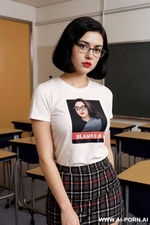 babe face. 10s style. vintage graphic t-shirt. long plaid skirt. nerdy. nerd. thick rimmed glasses. short bob hairstyle. dark hair. shorty. rosebud painted thick lips. hairpin. caucasian. average beauty. mid-beauty. round-faced. busty. - #main