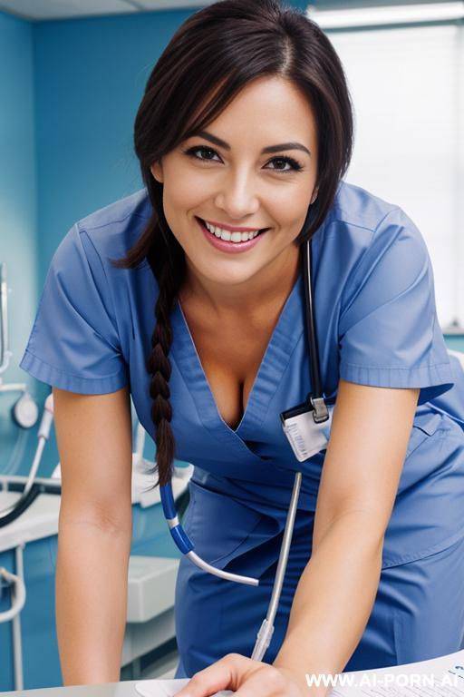 (close up) (bending down) (nurse) (scrubs) (exam room) (smiling) - #main