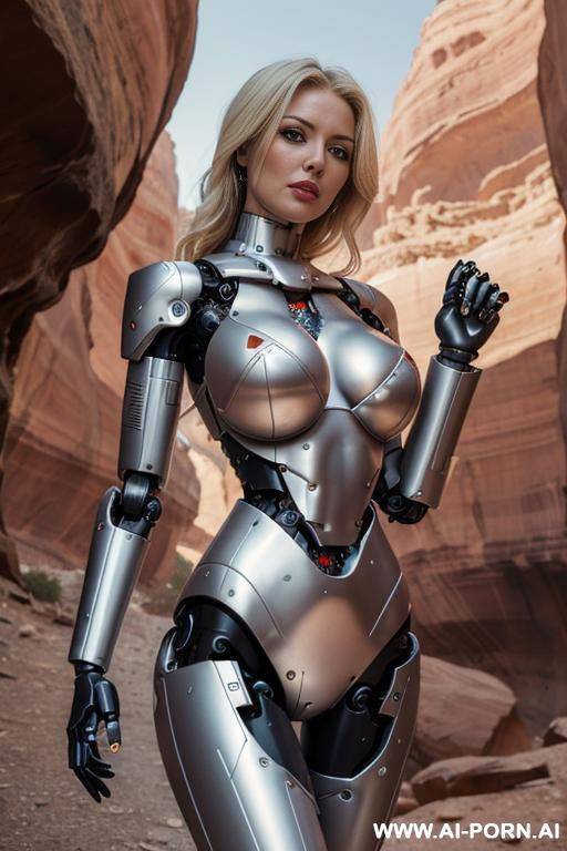 damaged busty blonde robot, fully robotic body, missing left robotic arm, lying broke into pieces in canyon - #main